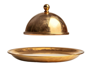 Gold serving dome and plate transparent background restaurant food catering hospitality