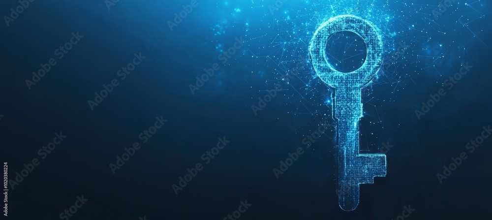 Poster digital key symbol on blue tech background featuring abstract lines, dots, and triangles