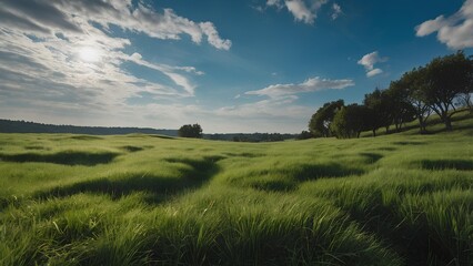 Horizontal landscape of green grass and clear blue sky with white cloud