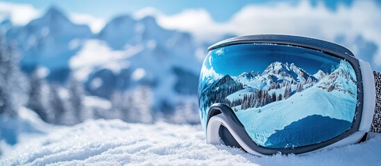 Ski goggles reflecting snowy mountain peaks on a winter day.