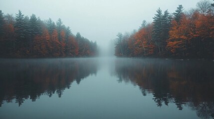 Fototapeta premium Foggy Autumn Lake with Mirrored Trees