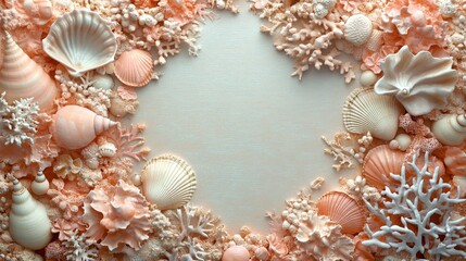 Obraz premium Seashells and Coral Frame Around a White Background
