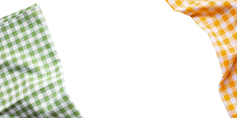 Vibrant arrangement of gingham-patterned fabrics in yellow, green tones, displayed isolate on a...