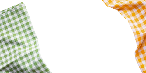 Vibrant arrangement of gingham-patterned fabrics in yellow, green tones, displayed isolate on a white background.Perfect for design textile