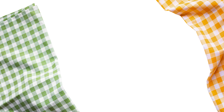 Vibrant arrangement of gingham-patterned fabrics in yellow, green tones, displayed isolate on a white background.Perfect for design textile