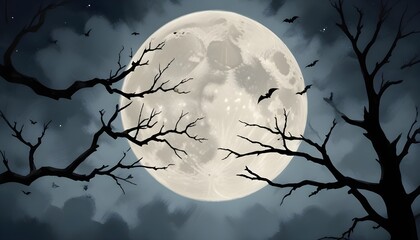 A full moon in a cloudy night sky, with silhouettes of bare tree branches and bats flying around
