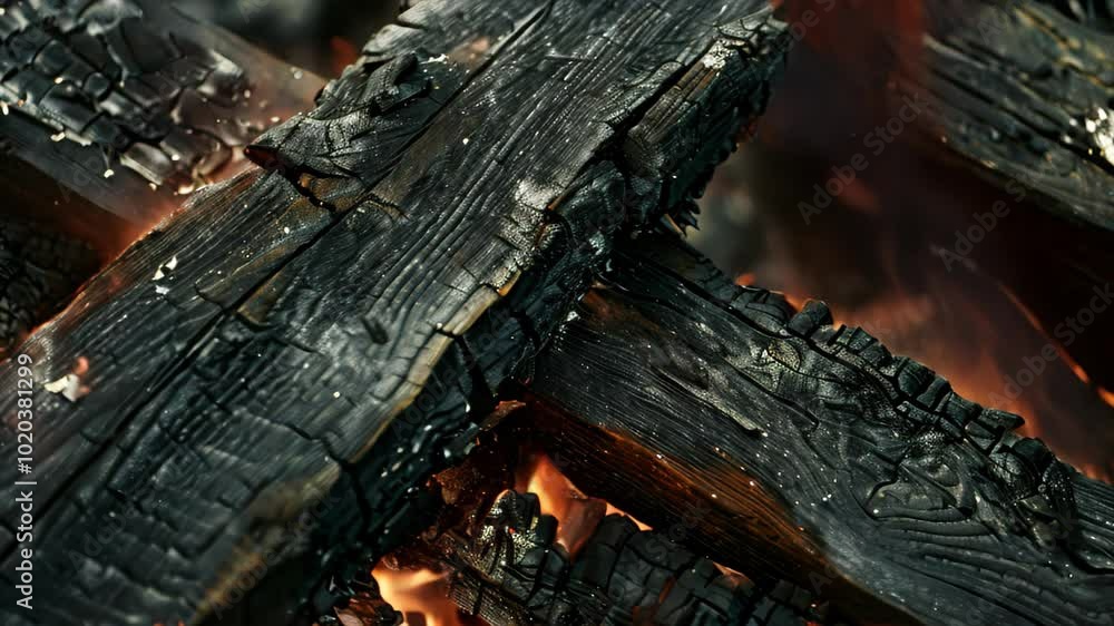 Aufkleber Close-up of charred wooden beams twisted and contorted by fire, Charred beams twisting and contorting in the heat