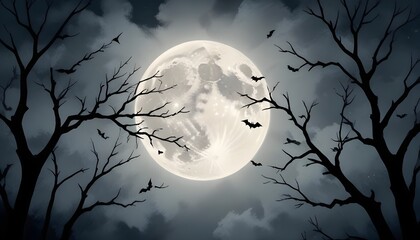 A full moon in a cloudy night sky, with silhouettes of bare tree branches and bats flying around