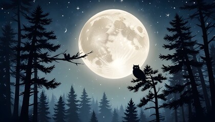 A crescent moon in a starry night sky, with the silhouettes of pine trees and owls soaring