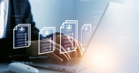 Protecting herself from cyber attacks. Documents confidentiality,cyber security protection concept. Software for security, searching and managing corporate document and employee information.