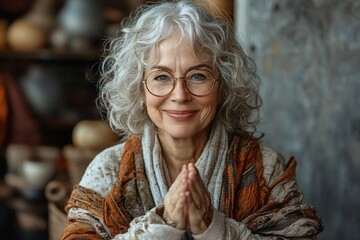 A joyful elderly woman exuding warmth and positivity, perfect for Mental Health Day campaigns, wellness promotions, and initiatives focused on kindness and connection.