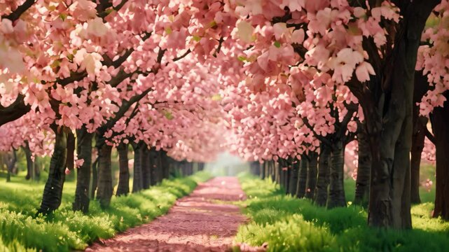 A scenic view of a path lined with cherry blossom trees in full bloom, with pink petals scattered on the ground, Cherry blossom trees in full bloom