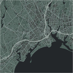 Map of Bridgeport in Connecticut in a smooth dark style. Contains layered vector with roads water, parks, etc.