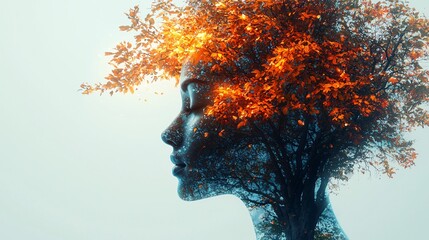 Inspirational silhouette of a human head with a colorful tree symbolizing creativity and mental well-being, ideal for Mental Health Day campaigns or wellness initiatives.