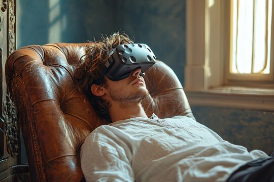 A young man in a VR headset relaxes on a vintage chaise lounge, perfect for promoting Mental Health Day, self-care events, meditation workshops, and wellness campaigns.