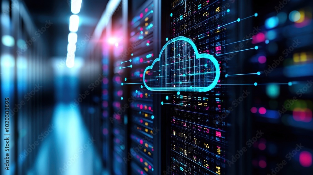 Poster cloud computing concept with digital servers in a data center, showcasing modern technology and conn