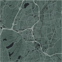 Map of New Britain in Connetticut in a smooth dark style. Contains layered vector with roads water, parks, etc.