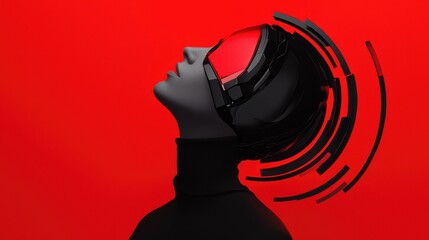 Futuristic figure wearing VR headset against a vibrant red background.