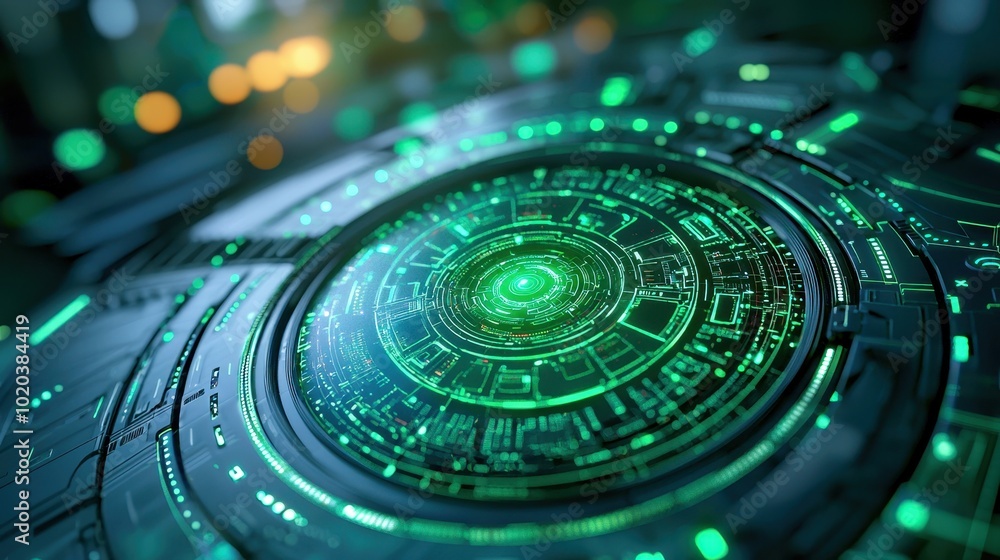 Poster futuristic interface with glowing green elements and intricate designs, showcasing a digital control