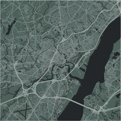 Map of Wilmington in Delaware in a smooth dark style. Contains layered vector with roads water, parks, etc.