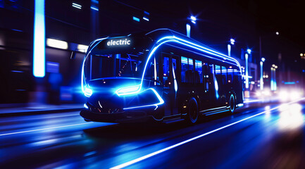 Fototapeta premium A futuristic, neon-lit, electric and driverless bus moves along a city road at night.