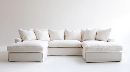 Naklejka premium Comfortable sectional sofa with clean lines and plush cushions, set against a bright white backdrop. Ideal for a cozy, modern living space.