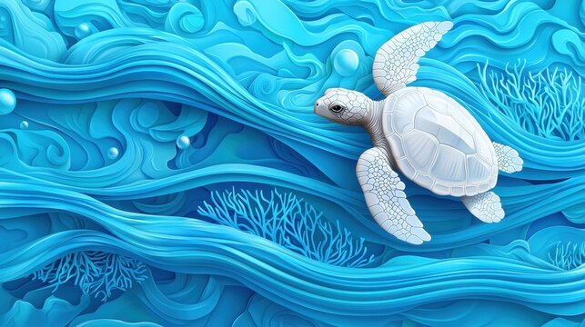 A realistic depiction of a turtle swimming through vibrant blue ocean waves.