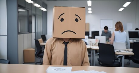 A person wearing a cardboard box with a sad face drawn on it, standing in an office environment with desks and computers visible in the background