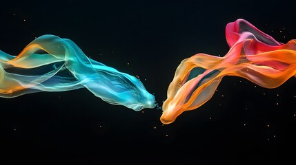 Two streams of colorful energy flying in the air and meeting each other, on a black background