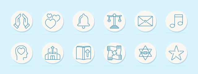 Religion set icon. Praying hands, hearts, bell, scales, letter with heart, music note, head with heart, church, open book with cross, hands holding, star with eye, pentagram.