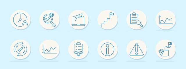 Business set icon. Clock, magnifying glass with gear, laptop with chart, flag on steps, clipboard with magnifying glass, graph, circular arrows with checkmark, star checklist, information