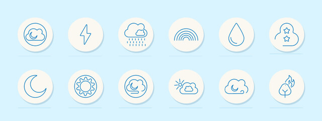 Weather set icon. Cloud with moon, lightning, rain, rainbow, water drop, cloud with stars, crescent moon, sun, cloud, moon with sleep, sun with cloud, fire with tree.