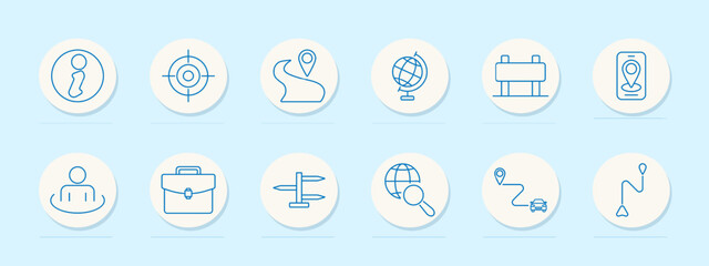Navigation set icon. Information, target, path with location pin, globe, billboard, mobile navigation, person, briefcase, road signs, globe with magnifying glass, car with path.