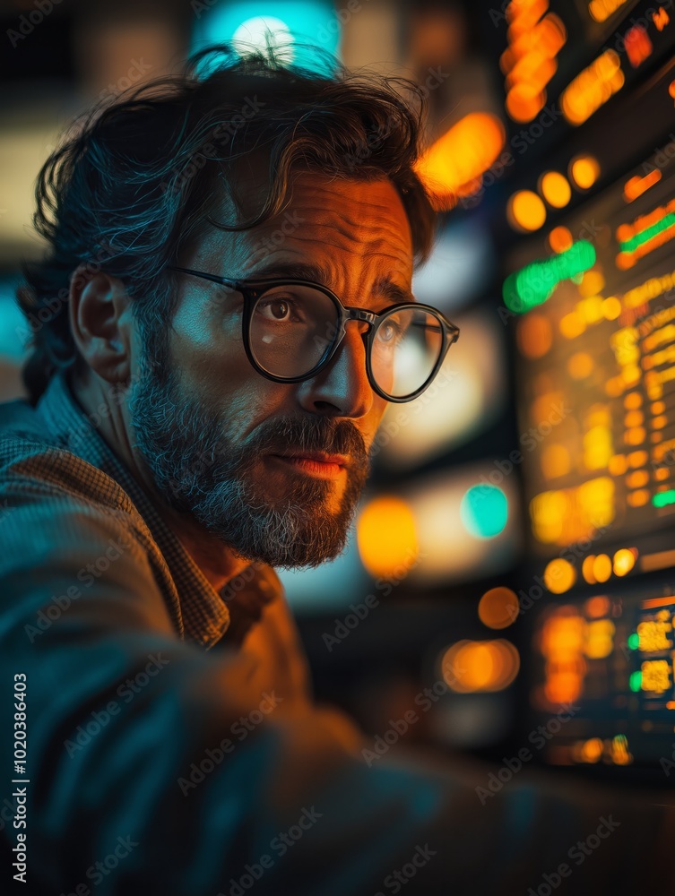 Poster financial analyst monitoring real-time data on multiple screens in control room