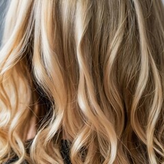 Naklejka premium Soft, luminous curls highlighting the vibrant and healthy texture of the blond hair. The close-up captures the intricate details beautifully. Care cosmetics. Generative AI