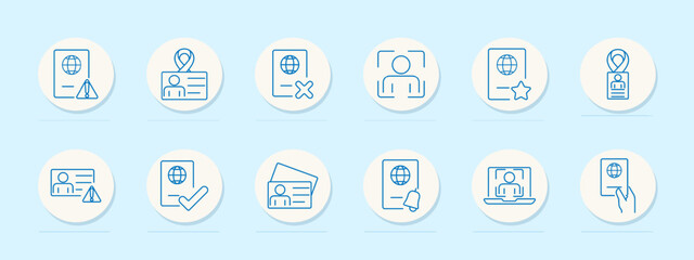 Passport and ID set icon. Passport with alert, verified, rejected, scanned, starred, lanyard, passport with cross, verified passport,document with alert
