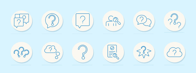 Question set icon. Multiple question marks, speech bubble, person with magnifier, dialogue, single question mark, confused thoughts, checkmark, star, cloud.