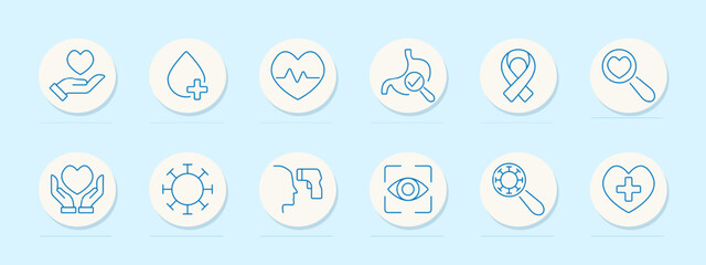 Medical and healthcare set icon. Heart in hand, blood donation, heartbeat, stomach check, cancer awareness, health monitoring, virus, check, examination, disease prevention, patient care