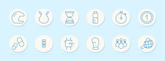 Fitness set icon. Helmet, punching bag, stopwatch, first place, boxing glove, pills, supplements, board, weightlifting, bowling, table tennis, hydration, fitness, competition, sports