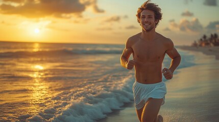 Athletic young man running along beach at sunset. Shirtless male enjoying fitness, outdoor exercise, coastal sunset workout, healthy lifestyle, ocean waves, and golden hour run