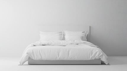 Minimalistic double bed with white linens and pillows, neatly arranged on a sleek bed frame, against a plain white background. Clean and modern design for bedroom decor.