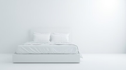 Minimalistic double bed with white linens and pillows, neatly arranged on a sleek bed frame, against a plain white background. Clean and modern design for bedroom decor.