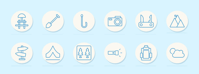 Camping and outdoor activity icons set. Picnic table, shovel, fishing hook, camera, Swiss knife, mountains with flag, direction signs, tent, forest, flashlight, backpack, cloud