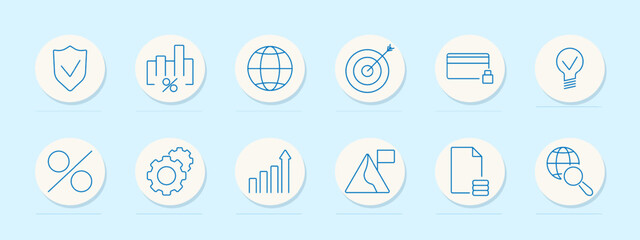 Business and marketing icons set. Shield with checkmark, percentage graph, globe, target with arrow, credit card with lock, light bulb, percentage symbol, gear with person, bar graph,