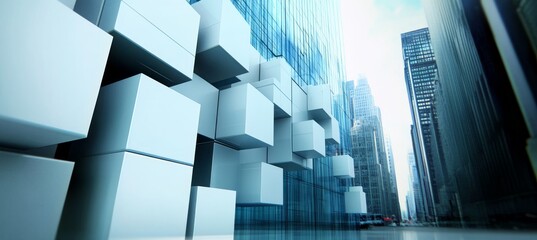 Obraz premium Modern Glass Building with Blue Reflections Featuring Large Windows and Skyscrapers in Background