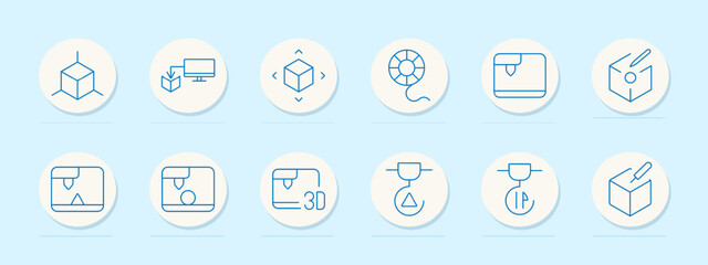 Design set icon. 3D printing, cube, computer, hand holding a cube, printer, warning, settings, checkmark, cross, clock, object creation, technology, printing error, control, maintenance, production
