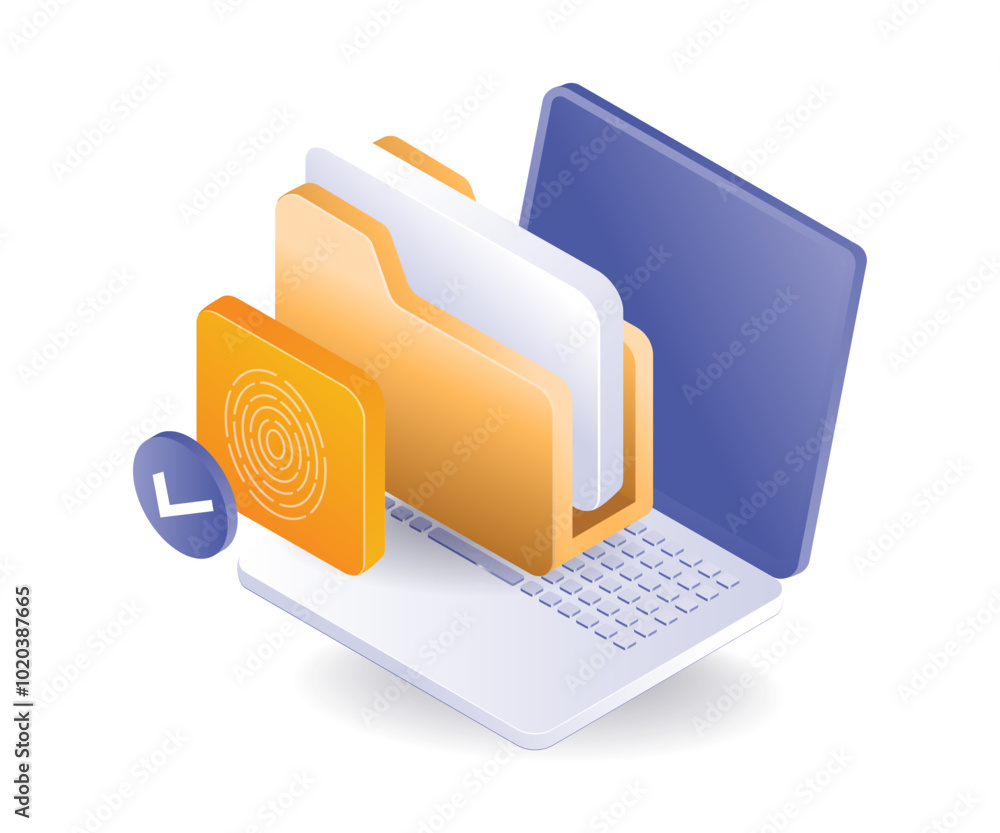 Poster computer folder data security fingerprint isometric illustration
