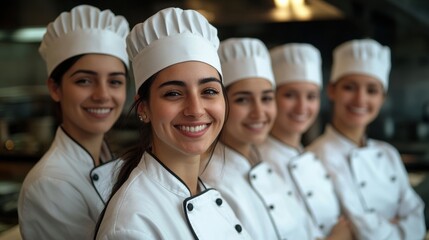 Smiling team of professional chefs in kitchen, wearing white uniforms, culinary expertise, teamwork, restaurant environment, diverse group, food preparation, hospitality industry, teamwork and skill