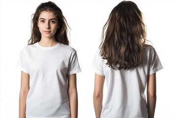 Isolated image of a girl wearing a plain white t-shirt, styled with long hair, posing indoors