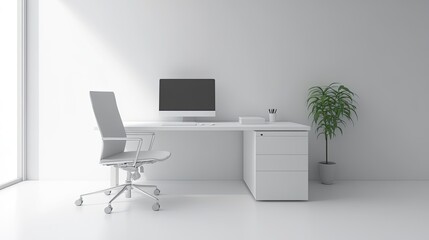 Simple white desk with a desktop computer and office chair in a clean white room. Focus on clean lines and a clutter-free work environment.